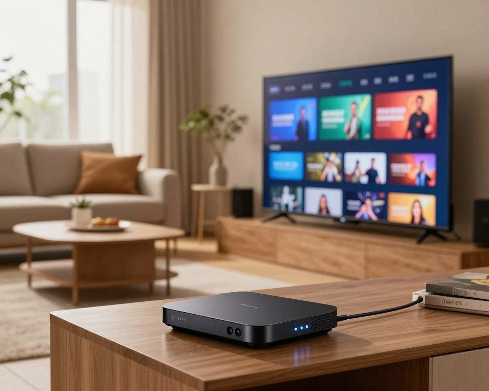 A modern home entertainment setup showcasing the functioning of IPTV. In the foreground, a sleek, flat-screen television displays a vibrant interface filled with different streaming options. Beside it, a compact IPTV box with glowing indicators represents connectivity. In the middle, an inviting living room setting includes a comfortable sofa and a coffee table, creating a relaxed atmosphere. In the background, a window lets in soft, natural light, enhancing the cozy mood. The entire scene is captured with a wide-angle lens to emphasize the integration of technology in daily life, promoting a feel of innovation and accessibility in media consumption. The overall color palette is warm and inviting, promoting a sense of ease and enjoyment in using IPTV services.