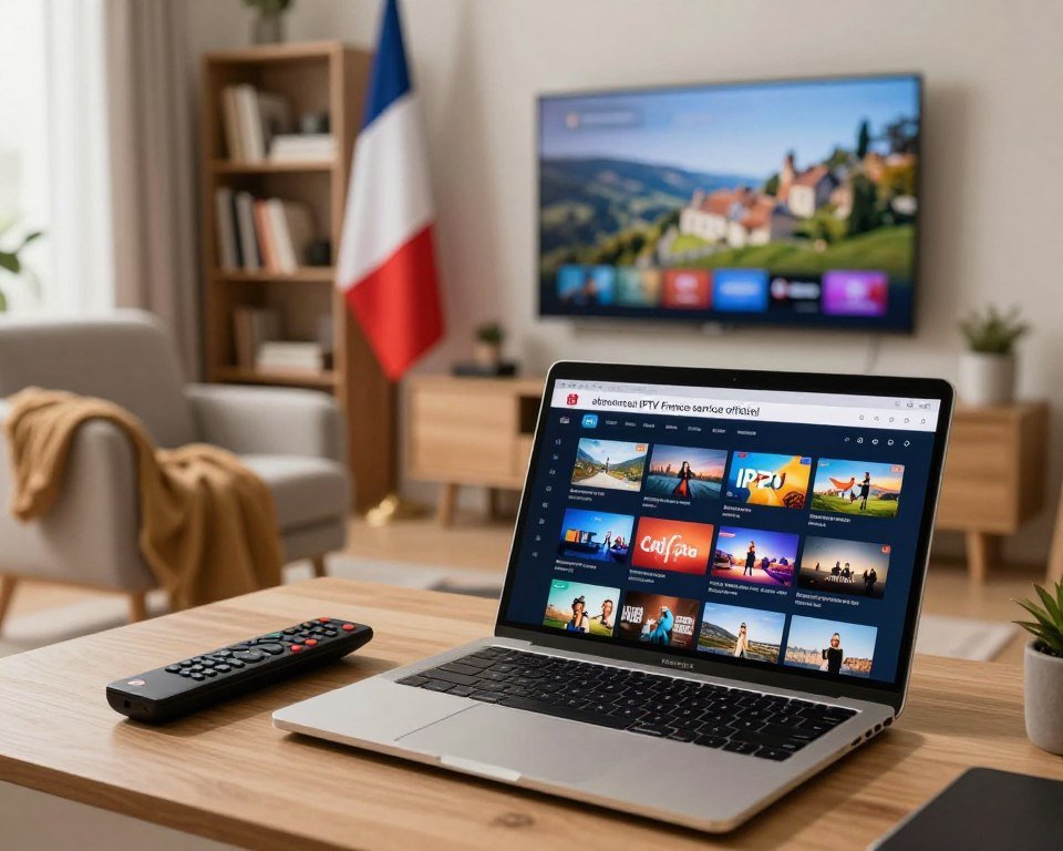 A modern home office scene depicting the concept of "abonnement IPTV France service officiel". In the foreground, a sleek laptop displays the IPTV interface with vibrant thumbnails of various TV channels. Next to it, a stylish remote control is positioned casually. In the middle ground, a cozy armchair adorned with a warm blanket invites relaxation. A wall-mounted flat-screen TV shows a subtle, blurred image of a French landscape to evoke a feeling of local content. The background features a bookshelf filled with books about technology and entertainment, alongside a French flag displayed proudly. Soft, natural lighting from a window highlights the scene, creating a warm and inviting atmosphere. The angle is slightly elevated, capturing both the laptop and TV, emphasizing the home entertainment feel. A modern home office scene depicting the concept of "abonnement IPTV France service officiel". In the foreground, a sleek laptop displays the IPTV interface with vibrant thumbnails of various TV channels. Next to it, a stylish remote control is positioned casually. In the middle ground, a cozy armchair adorned with a warm blanket invites relaxation. A wall-mounted flat-screen TV shows a subtle, blurred image of a French landscape to evoke a feeling of local content. The background features a bookshelf filled with books about technology and entertainment, alongside a French flag displayed proudly. Soft, natural lighting from a window highlights the scene, creating a warm and inviting atmosphere. The angle is slightly elevated, capturing both the laptop and TV, emphasizing the home entertainment feel.