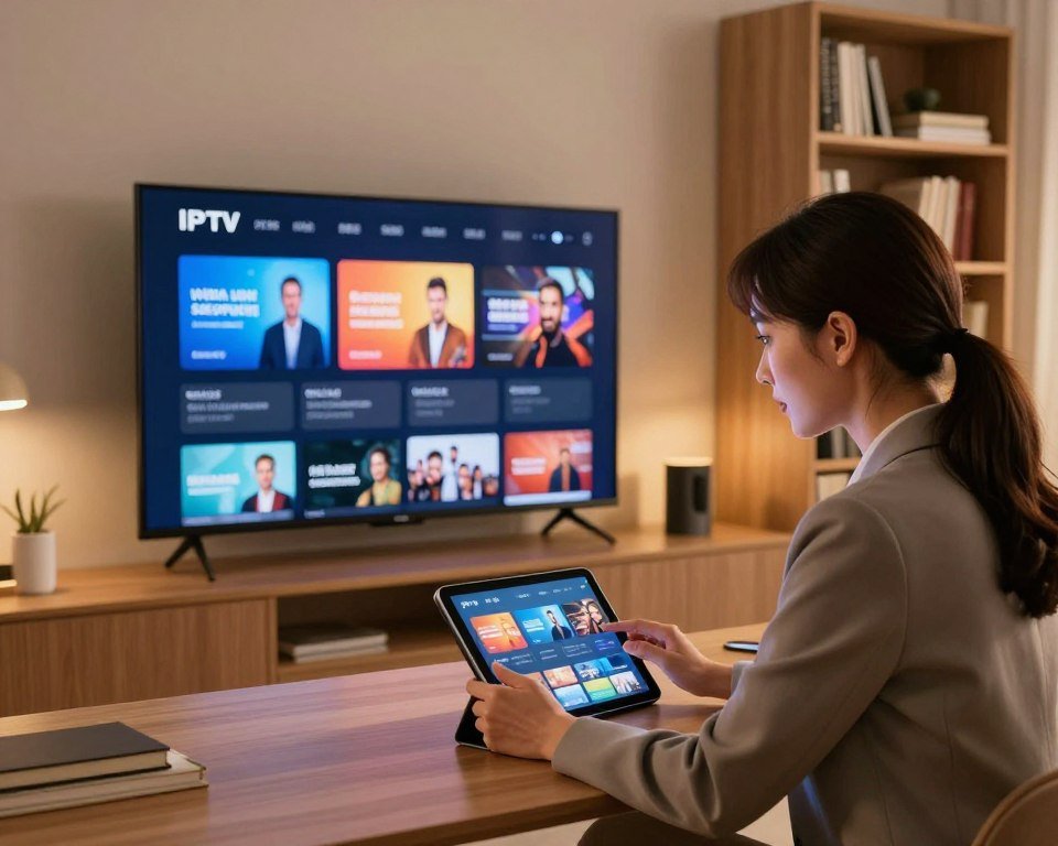 A modern home office scene focusing on a sleek digital television displaying various IPTV options. In the foreground, a professional-looking woman in business attire examines a tablet with an intrigued expression. The middle ground features a stylish television set mounted on the wall, showcasing vibrant and engaging IPTV interface graphics. In the background, a contemporary bookshelf filled with technology and media-related books symbolizes knowledge and exploration of digital subscriptions. The lighting is warm and inviting, with soft highlights accentuating the screen and creating a cozy atmosphere. The angle of the room is slightly elevated, allowing a clear view of both the television and the woman, emphasizing the innovative concept of digital television evaluation.