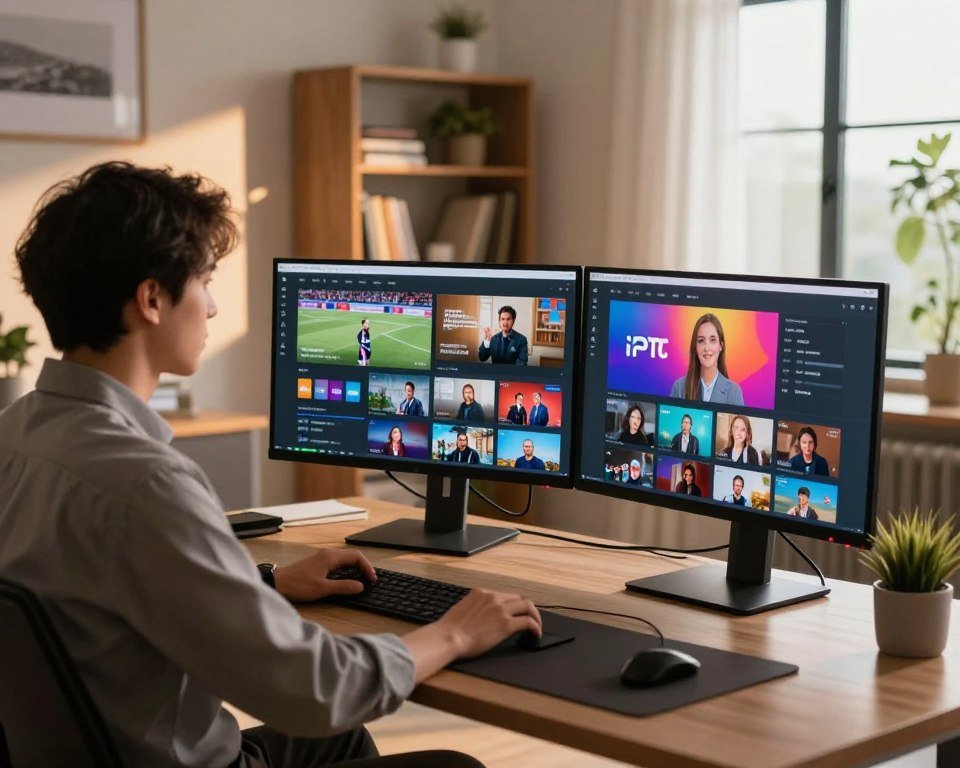 A modern home office scene with a sleek workstation featuring multiple screens actively streaming various IPTV content. In the foreground, a professional individual in business attire is focused on their work, with one screen displaying a vibrant IPTV interface. The middle ground includes two more monitors side-by-side, showcasing different shows—one a sports event, the other a series. Soft, warm lighting illuminates the space, casting gentle shadows and creating an inviting atmosphere. In the background, a cozy bookshelf filled with books and a potted plant enhance the ambience, while a large window allows natural daylight to enhance the workspace. The overall mood is productive and engaging, emphasizing simultaneous usage of technology.