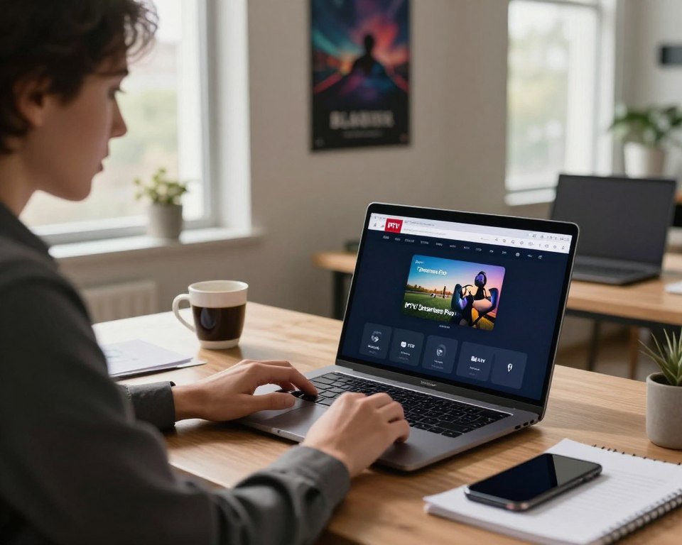 A modern home office setting, featuring a sleek desk with a high-performance laptop open to display the IPTV Smarters Pro interface. In the foreground, a person dressed in professional business attire is intently examining the screen, surrounded by notes and a smartphone. The middle layer includes an organized workspace with a cup of coffee and streaming-themed posters on the wall. The background shows a large window with natural light filtering in, creating a bright and inviting atmosphere. Warm, soft lighting highlights the person's concentration and enhances the cozy, productive mood of the scene. The overall composition conveys a sense of professionalism and focus, suitable for optimizing streaming experiences.