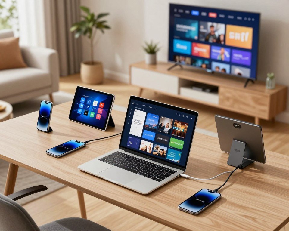 A modern home office setting illustrating device compatibility and multi-connection capabilities. In the foreground, depict a sleek laptop displaying an IPTV interface, surrounded by various smart devices like a smartphone, tablet, and smart TV. In the middle, create an elegant desk with a contemporary design, with connected cables neatly arranged to emphasize functionality. In the background, a cozy living room setup with a smart TV showcasing a streaming service. The lighting is bright and inviting, giving a sense of productivity. Use a slightly elevated angle to capture the entire scene, ensuring clarity and depth. The mood should convey innovation and seamless connectivity in a professional environment. A modern home office setting illustrating device compatibility and multi-connection capabilities. In the foreground, depict a sleek laptop displaying an IPTV interface, surrounded by various smart devices like a smartphone, tablet, and smart TV. In the middle, create an elegant desk with a contemporary design, with connected cables neatly arranged to emphasize functionality. In the background, a cozy living room setup with a smart TV showcasing a streaming service. The lighting is bright and inviting, giving a sense of productivity. Use a slightly elevated angle to capture the entire scene, ensuring clarity and depth. The mood should convey innovation and seamless connectivity in a professional environment.