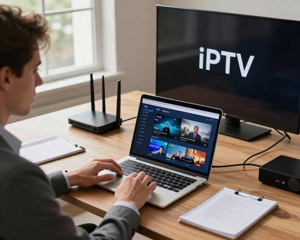 A modern home office setting with a sleek computer desk featuring a laptop displaying an IPTV setup interface, surrounded by various electronic devices like a router and smart TV. In the foreground, a person in professional business attire intently configuring the IPTV settings, with a focused expression and hands on the keyboard. The middle ground shows organized cables and a notepad with configuration notes. In the background, a large window letting in natural light, creating a warm and inviting atmosphere. The overall ambiance reflects a sense of professionalism and reliability, ideal for demonstrating the installation and functioning of IPTV technology. The composition captures a clear view from a slightly elevated angle, emphasizing the intricate details of the setup while maintaining a clean and clutter-free workspace.