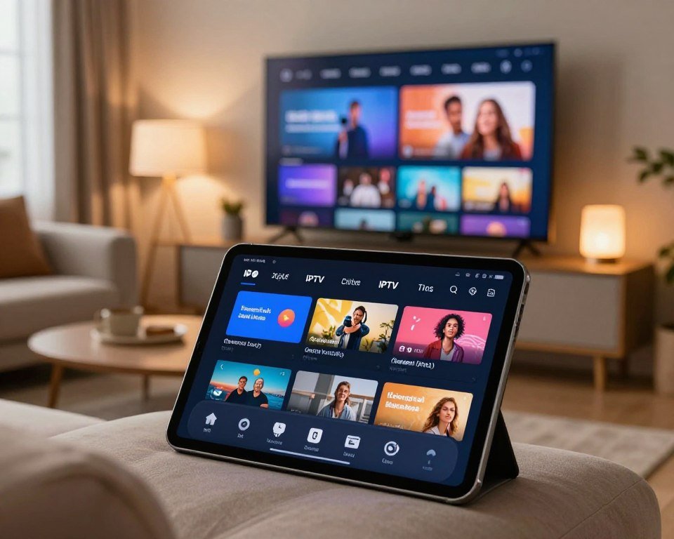 A modern, intuitive IPTV application interface displayed on a sleek tablet screen, positioned in the foreground. The middle ground features a cozy living room setting with a comfortable couch and a soft, ambient light glowing from elegant lamps. In the background, a large, flat-screen TV shows vibrant streaming content, reflecting the innovative technology of IPTV. The scene is captured from a slightly elevated angle, emphasizing the app’s user-friendly layout with icons and navigation options clearly visible. The atmosphere is warm and inviting, perfect for family entertainment, with soft shadows and natural light filtering through a window, creating an overall sense of comfort and modernity.