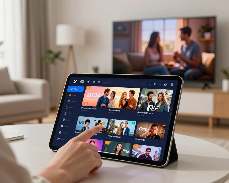 A modern, intuitive IPTV user interface displayed on a sleek, high-resolution tablet and a smart TV screen. In the foreground, a finger interacts with a vibrant, visually appealing menu showcasing various streaming categories, icons, and thumbnails of popular shows and movies. The middle layer features a stylish living room with soft lighting, comfortable furnishings, and minimalistic decor, creating a welcoming atmosphere. The background includes a subtly blurred image of a cozy home environment. Natural light filters in through a window, enhancing the overall inviting feel. The composition has a professional yet relaxed mood, highlighting advanced technology and user-friendly design without any text or overlays.