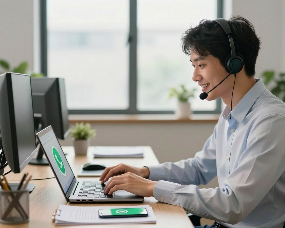 A modern, inviting office environment showcasing a professional support agent assisting clients through WhatsApp on a laptop. In the foreground, a well-dressed individual, wearing a smart shirt and headset, is focused on the screen, smiling as they interact with a client. The middle ground features a sleek desk cluttered with notes and a smartphone displaying the WhatsApp logo. The background includes a large window letting in soft, natural light that creates a warm and welcoming atmosphere. Subtle decorative elements like plants add to the professional feel. The overall mood is one of efficiency, assistance, and 24/7 availability, captured in a high-resolution image with a slight depth of field effect, emphasizing the support agent.