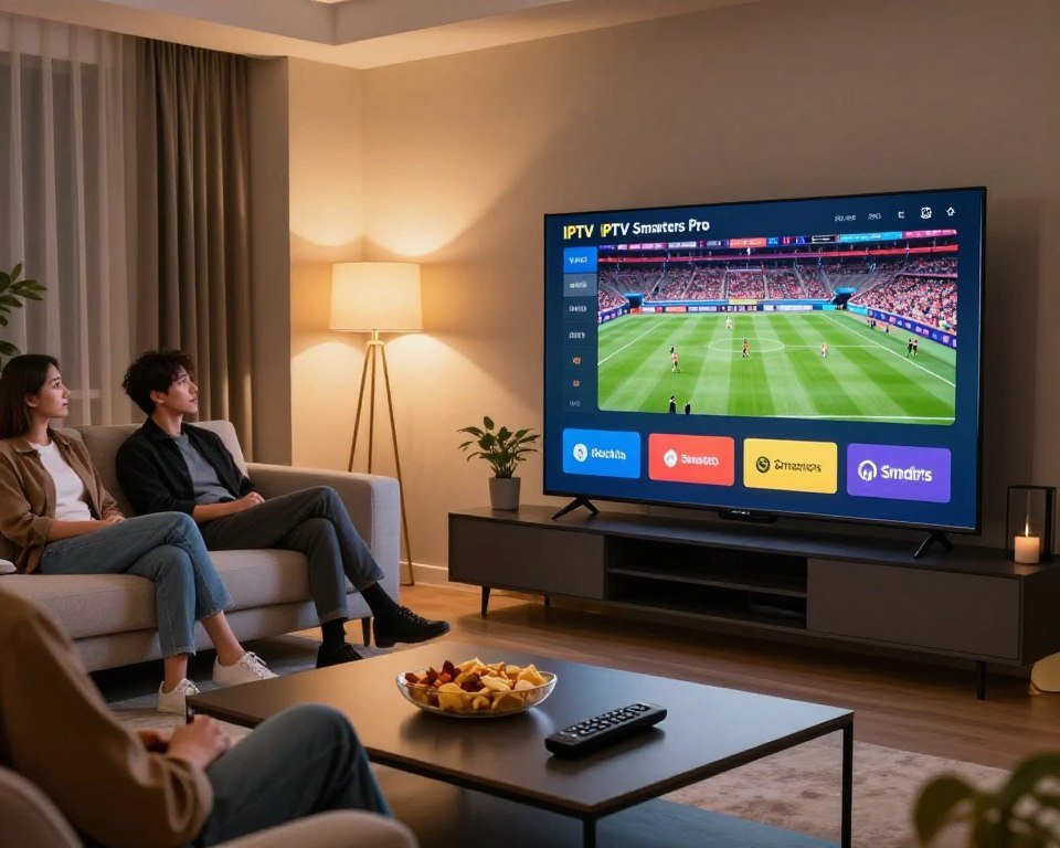 A modern living room featuring a large flat-screen TV displaying the IPTV Smarters Pro interface in high definition, emphasizing the quality of streaming in HD, FHD, and 4K. In the foreground, a sleek coffee table with a remote control and snacks, creating a relaxed viewing atmosphere. The middle ground shows a comfortable sofa where a few people, dressed in casual yet professional attire, are engrossed in watching a sports event. The background reveals soft ambient lighting, warm colors, and tasteful decorations that enhance the cozy, inviting mood. The scene is captured from a slightly elevated angle, giving a clear view of the TV and the engaged viewers, all while maintaining a focus on the IPTV Smarters Pro branding and features.