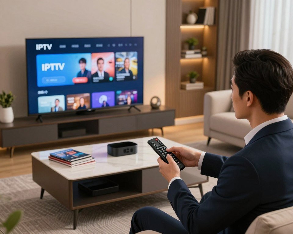 A modern living room featuring a sleek TV setup displaying an IPTV installation application interface. In the foreground, a well-dressed professional man is interacting with a remote, focusing intently on the screen. The middle ground showcases a stylish coffee table adorned with tech gadgets and instructional manuals, while the background includes a cozy sofa and contemporary decor, illuminated by warm ambient lighting. The scene captures a relaxed atmosphere, emphasizing the ease of setting up IPTV services. The image is taken from a slightly elevated angle, providing depth and clarity, with a soft focus on the background to highlight the installation process.