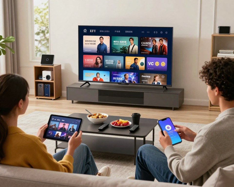 A modern living room featuring a sleek, large flat-screen television displaying various streaming categories. In the foreground, a diverse group of three individuals, dressed in smart casual attire, are actively discussing their favorite shows while using tablets and a smartphone, showcasing multi-device compatibility. The middle ground includes a stylish coffee table adorned with remotes and snacks, alongside a small bookshelf with tech gadgets. In the background, large windows let in soft, natural light, creating a warm and inviting atmosphere. The overall mood is vibrant and social, emphasizing the seamless integration of technology and entertainment in daily life. Focus on a wide-angle perspective to capture the scene's dynamic interaction.