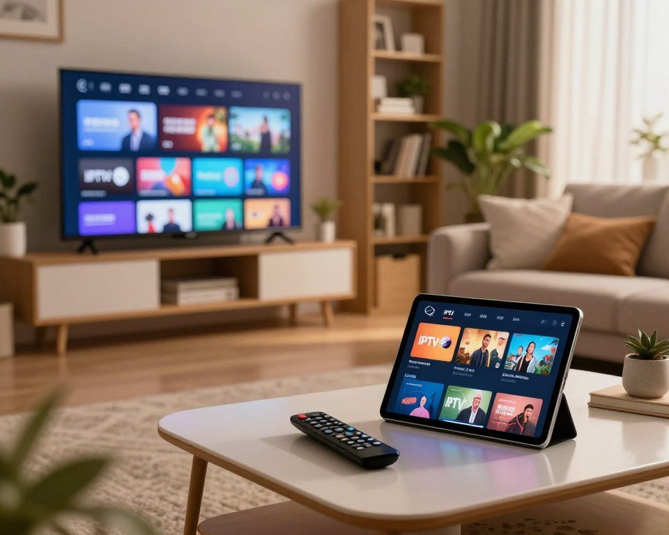 A modern living room featuring a sleek television displaying various streaming applications typical of IPTV services. In the foreground, a stylish coffee table holds a remote control and a tablet showcasing IPTV subscription options, reflecting a user-friendly interface. The middle ground includes a comfortable couch adorned with soft cushions, positioned toward the TV for an inviting atmosphere. The background reveals a contemporary bookshelf filled with entertainment-related items and vibrant indoor plants, enhancing the overall ambiance. Soft, warm lighting creates a cozy environment, emphasizing the appeal of home entertainment. The scene is captured from a slightly elevated angle, showcasing the entire room's layout. The mood is relaxed and engaging, perfect for illustrating the advantages of IPTV technology.