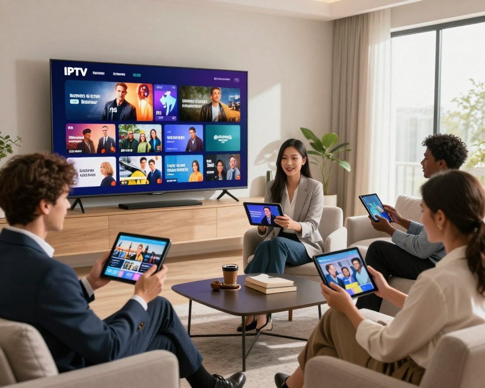 A modern living room featuring multiple screens displaying various IPTV content, such as movies, sports, and news channels, showcasing the concept of multi-device subscriptions. In the foreground, a diverse group of people in professional attire interact with tablets and smartphones, excitedly sharing their viewing experiences. The middle ground includes a large smart TV wall mounted, set in an inviting space with comfortable seating. The background features a bright window with natural light spilling in, illuminating the scene. The overall atmosphere is vibrant and engaging, emphasizing the convenience and advantages of IPTV subscriptions. Use a warm color palette to create a welcoming environment and capture the essence of modern entertainment technology.