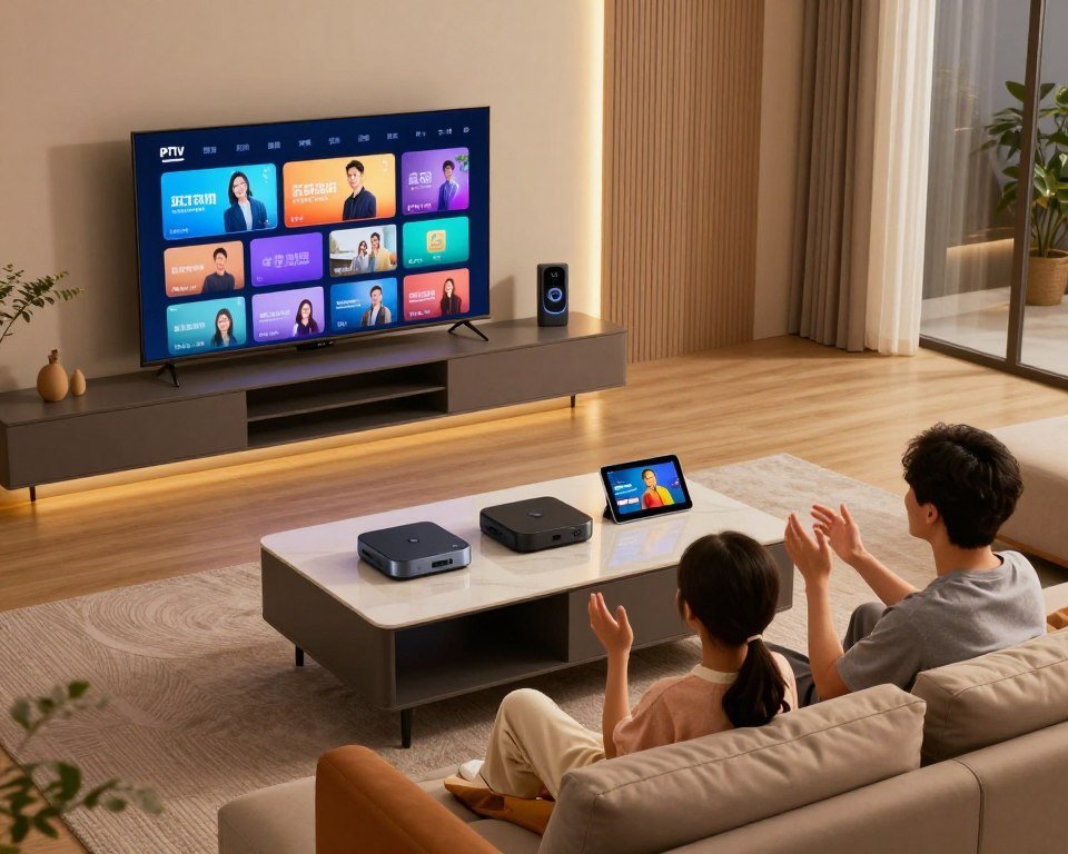 A modern living room featuring various IPTV-compatible devices like smart TVs, streaming boxes, and tablets arranged on a sleek coffee table. In the foreground, a family is comfortably seated on a stylish sofa, dressed in casual attire, discussing their viewing options. The room is well-lit with warm ambient lighting, creating a cozy atmosphere. In the background, a large wall-mounted TV displays a colorful streaming interface. The overall scene conveys a sense of modern technology integration and family enjoyment. Capture the image from a slightly elevated angle to give a comprehensive view of the setup, emphasizing the compatibility of various devices with IPTV services.