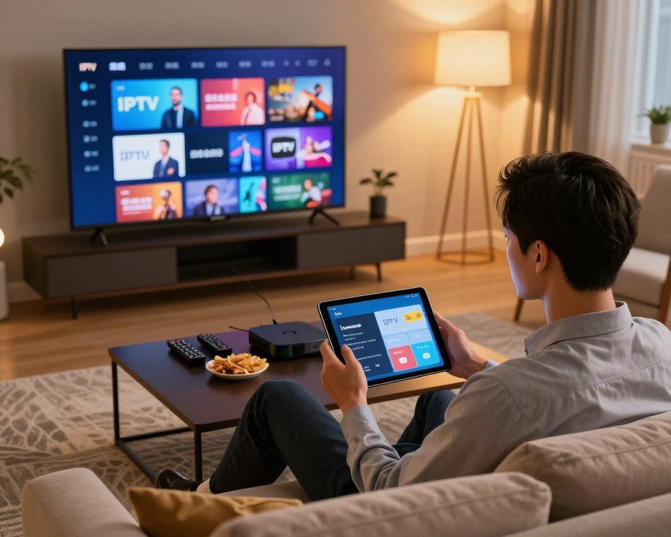 A modern living room scene featuring a sleek, high-tech television displaying vibrant streaming content related to IPTV services. In the foreground, a professional individual dressed in smart-casual attire sits comfortably on a stylish couch, focused on their tablet as they optimize their streaming settings. The middle layer showcases a rich coffee table adorned with remote controls, snacks, and a streaming device, emphasizing a cozy viewing experience. In the background, warm ambient lighting emanates from soft lamps, creating an inviting atmosphere. The scene is captured from a slightly high angle, providing a comprehensive view of the room and enhancing the feeling of immersion in streaming. The mood is engaging and optimistic, reflecting a future of enhanced entertainment.