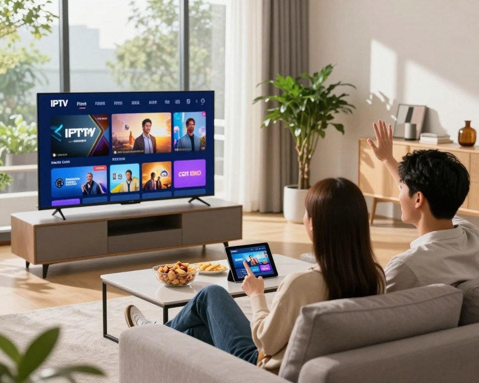 A modern living room scene featuring a sleek, high-tech television displaying vibrant streaming content. In the foreground, a young professional couple, dressed in smart casual attire, relaxes on a stylish couch, looking engaged and excited as they explore their IPTV options. The coffee table is adorned with snacks and a tablet for remote control. In the background, large windows allow natural sunlight to flood the room, enhancing a warm and inviting atmosphere. Subtle shadows play across the room from tasteful indoor plants. The overall mood is one of relaxation and enjoyment, emphasizing a risk-free and free trial experience. The scene is captured with a soft focus, using a wide-angle lens to create depth. The lighting is bright and cheerful, contributing to a friendly and comfortable feel.