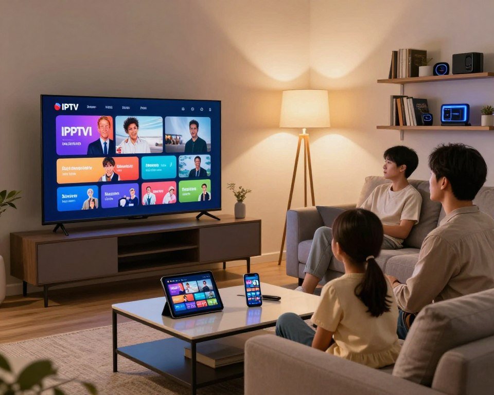 A modern living room scene featuring multiple devices streaming IPTV content to illustrate multi-device compatibility. In the foreground, a sleek smart TV displaying vibrant IPTV graphics is mounted on the wall. On a stylish coffee table, a tablet and a smartphone show the same IPTV interface, highlighting ease of access. A comfortable sofa with a family sitting together, dressed in casual yet neat clothing, enjoying the viewing experience, creates a cozy atmosphere. Soft lighting from floor lamps illuminates the room, enhancing its inviting feel. In the background, shelves filled with books and tech gadgets suggest a tech-savvy environment. The scene captures a sense of shared enjoyment and modern connectivity, with a warm color palette to evoke comfort and engagement. A modern living room scene featuring multiple devices streaming IPTV content to illustrate multi-device compatibility. In the foreground, a sleek smart TV displaying vibrant IPTV graphics is mounted on the wall. On a stylish coffee table, a tablet and a smartphone show the same IPTV interface, highlighting ease of access. A comfortable sofa with a family sitting together, dressed in casual yet neat clothing, enjoying the viewing experience, creates a cozy atmosphere. Soft lighting from floor lamps illuminates the room, enhancing its inviting feel. In the background, shelves filled with books and tech gadgets suggest a tech-savvy environment. The scene captures a sense of shared enjoyment and modern connectivity, with a warm color palette to evoke comfort and engagement.