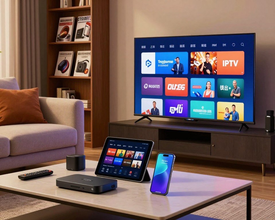 A modern living room scene showcasing IPTV compatibility, featuring a sleek smart TV displaying a vibrant interface of various streaming applications. In the foreground, a stylish coffee table holds a diverse array of compatible devices, including a streaming box, tablet, and smartphone, all equipped with the latest video streaming capabilities. In the middle, a comfortable couch is adorned with plush cushions, with a remote control resting on the armrest. The background features a neatly arranged bookshelf with technology magazines and books about streaming services. The lighting is warm and inviting, creating a casual yet sophisticated atmosphere. The composition is shot from a slight angle, emphasizing the technology and coziness of the space, evoking a sense of modern entertainment and connectivity.