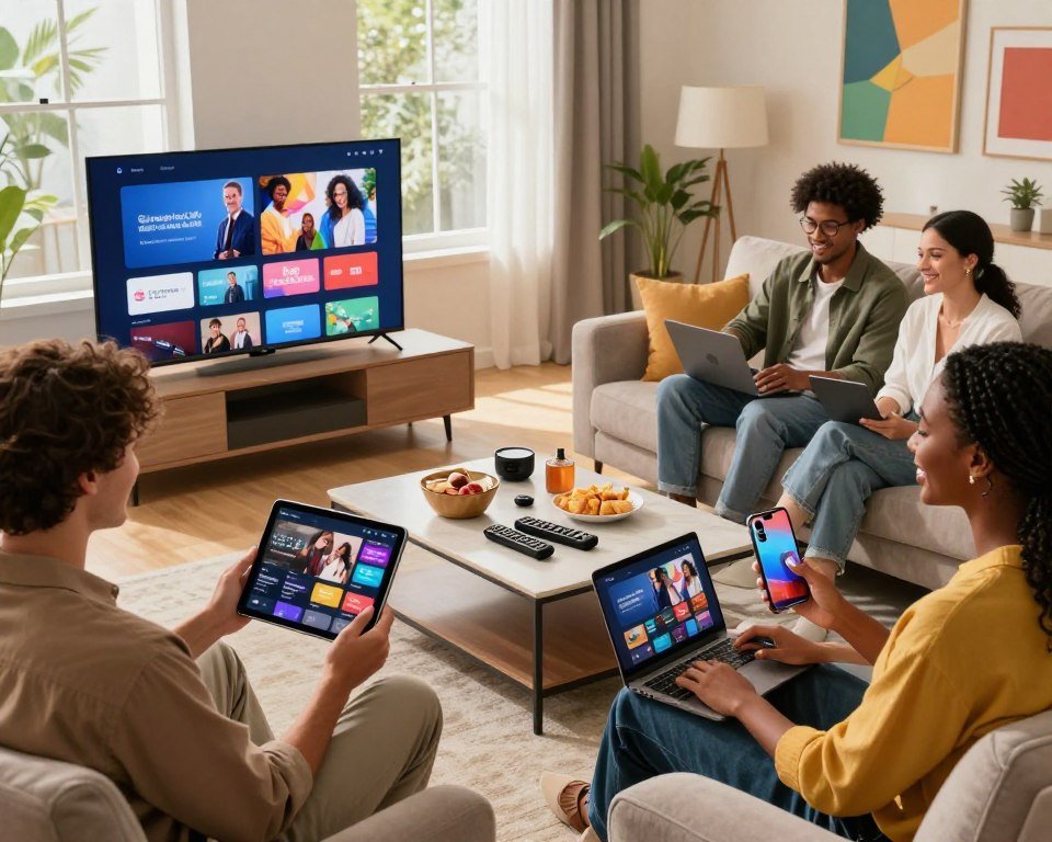 A modern living room scene showcasing a diverse group of people, including a man and a woman in smart casual attire, comfortably using various electronic devices: a smart TV displaying streaming content, a tablet, a laptop, and a smartphone. In the foreground, the individuals are engaged and smiling, enjoying multiple screens with different streaming apps visible. The middle ground features a stylish coffee table cluttered with remote controls and snacks, while the background has a cozy sofa and vibrant wall art. Soft natural lighting streams in through a large window, creating a warm and inviting atmosphere. The composition should emphasize a seamless integration of technology in everyday life, representing compatibility across all devices.
