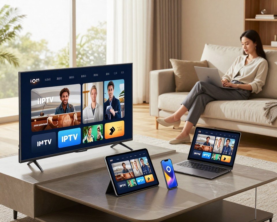 A modern living room scene showcasing a variety of devices displaying IPTV content, illustrating compatibility with all devices. In the foreground, a sleek smart TV, a tablet, and a smartphone are neatly arranged on a stylish coffee table. The middle ground features an elegant sofa with a person in professional attire, comfortably enjoying the content on the tablet. Nearby, an open laptop displays the IPTV interface. The background encompasses a bright and airy room with large windows allowing natural light to filter in, creating a warm atmosphere. The lighting is soft, highlighting the devices and enhancing their vibrant screens. Capture this scene from a slightly elevated angle to emphasize the interconnectedness of the devices, conveying innovation and versatility in entertainment.