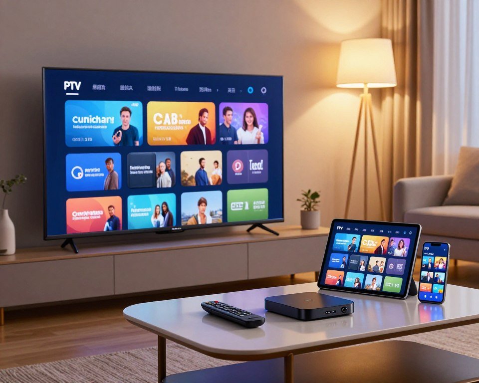 A modern living room scene showcasing multi-device compatibility with IPTV services. In the foreground, a sleek, smart HDTV displays a vibrant streaming interface. Next to it, a tablet and a smartphone are shown, both featuring the same IPTV content, symbolizing cross-device functionality. In the middle, a stylish coffee table is adorned with a remote control and a small streaming device. The background reveals a cozy room with soft lighting, accentuated by a warm glow from floor lamps, creating an inviting atmosphere. The scene is shot from a slightly elevated angle to capture all devices effectively. The overall mood is tech-savvy and comfortable, perfect for illustrating easy installation and multi-device compatibility.
