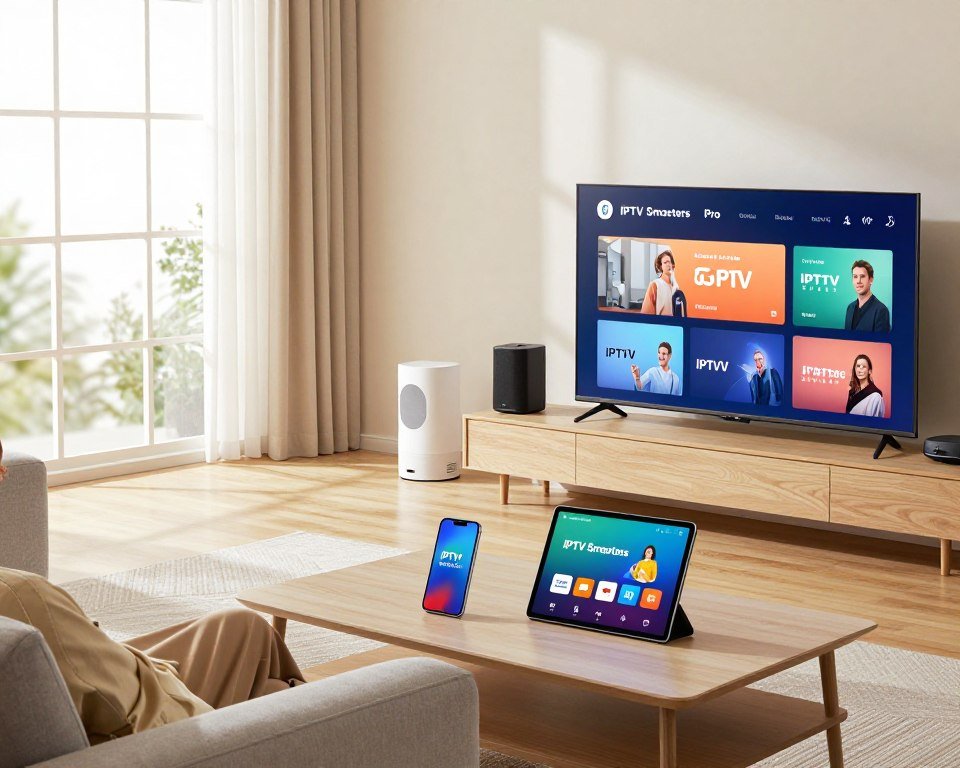 A modern living room scene showcasing the compatibility of various devices with a smart television application. In the foreground, a sleek flat-screen TV displays a colorful interface of the IPTV Smarters Pro app. Nearby, a smartphone and tablet lie on a coffee table, both featuring the app's logo on their screens. In the middle ground, a stylish sofa invites relaxation, surrounded by a few smart home devices like a speaker and a streaming box. The background features a well-lit window, allowing natural light to brighten the space, with curtains gently swaying. The atmosphere is inviting, cozy, and tech-savvy, perfect for illustrating a family-oriented media setup, emphasizing the seamless integration of technology in everyday life.