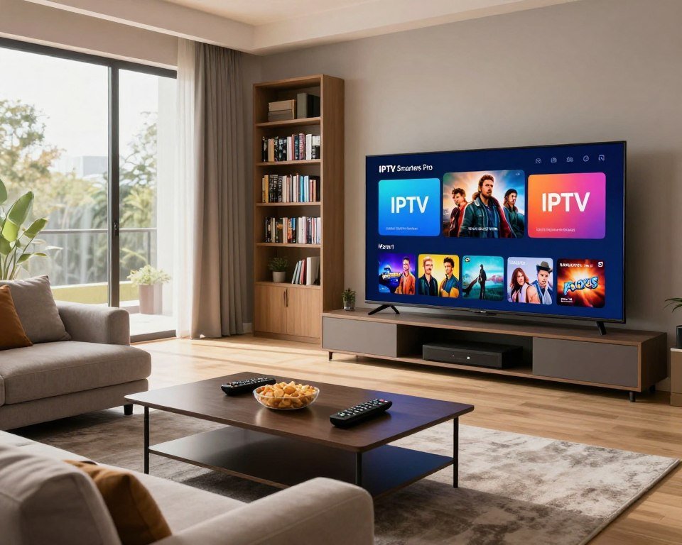 A modern living room setting designed for entertainment, featuring a sleek television displaying a vibrant user interface of the IPTV Smarters Pro platform. In the foreground, a stylish coffee table holds a remote control and snacks, while a cozy sofa is adorned with cushions. Natural light streams through large windows, illuminating the room and creating a warm atmosphere. In the background, shelves filled with DVDs and books suggest a passion for media. The scene captures the essence of leisure and modern technology, emphasizing the experience of discovering the vast catalogue of movies and series available on IPTV. The mood is inviting and engaging, showcasing the perfect environment for family viewing. Use a wide-angle lens to capture the entire space effectively.