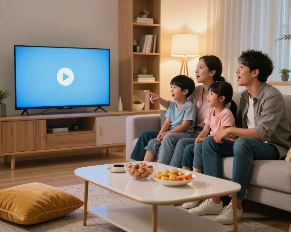 A modern living room setting featuring a family of four sitting together on a comfortable sofa, deeply engaged in watching IPTV on a sleek flat-screen TV. In the foreground, vibrant cushions and a stylish coffee table with snacks create a cozy atmosphere. The middle ground showcases the family members’ expressions of joy and intrigue, dressed in smart casual clothing, demonstrating their enthusiasm for the content. The background includes soft-focus bookshelves and a warm lamp casting a gentle, inviting glow. The lighting is bright yet soft, creating an inviting ambiance. The overall mood reflects satisfaction and excitement, capturing the essence of user testimonials about IPTV experiences in a warm and relatable manner.