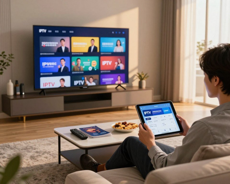 A modern living room setting featuring a sleek TV prominently displaying a variety of IPTV channels, showcasing vibrant colors and engaging content. In the foreground, a professional person in smart attire is sitting comfortably on a stylish sofa, with a tablet in hand, reviewing subscription options. The middle ground features a coffee table with remote controls, snacks, and informative brochures about IPTV services, creating a welcoming atmosphere. The background is softly lit with warm lighting, accenting a contemporary decor style, hinting at a cozy, homey feel, while large windows let in gentle afternoon light, casting soft shadows. The scene conveys an inviting and relaxed mood, emphasizing the ease of selecting the best IPTV subscription.