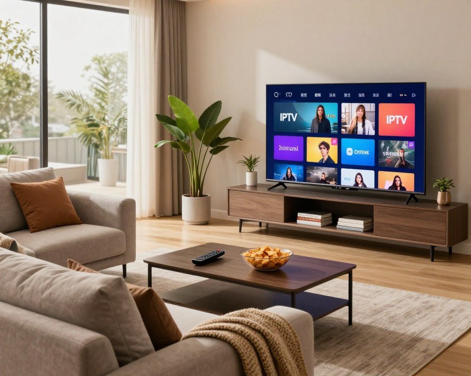 A modern living room setting featuring a sleek smart TV displaying a vibrant IPTV interface with a variety of channels. In the foreground, a comfortable sofa adorned with soft cushions and a cozy throw blanket invites relaxation. On a coffee table, there are remote controls and a bowl of snacks, adding a homely touch. The middle ground showcases a stylish entertainment unit with decorative plants and books, while large windows in the background allow natural light to flood the room, creating a warm and inviting atmosphere. Soft, ambient lighting enhances the inviting feel. The overall mood is one of comfort and leisure, perfect for enjoying entertainment at home.
