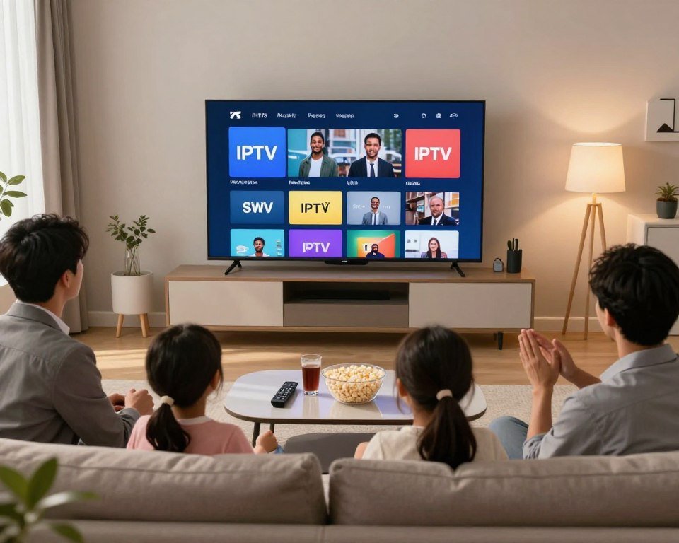 A modern living room setting featuring a sleek television displaying an IPTV interface with vibrant channels. In the foreground, a family gathered on a comfortable couch, showcasing diverse individuals in professional attire, engaged in watching content. The middle ground includes a stylish coffee table with a remote control, popcorn, and drinks, emphasizing relaxation and enjoyment. The background shows a well-decorated room with soft lighting that creates an inviting atmosphere. Light filters through a window, casting a warm glow over the scene, evoking a sense of togetherness and the benefits of IPTV subscriptions, like convenience and variety. The overall mood is cheerful and expressive of family entertainment.