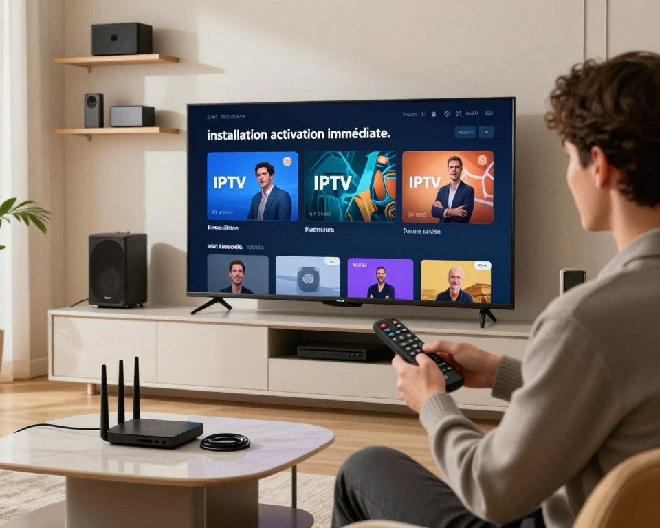 A modern living room setting featuring a sleek television displaying an IPTV interface, emphasizing the concept of "installation activation immédiate." In the foreground, a professional-looking person dressed in smart-casual attire is engaging with a remote control, showcasing a sense of excitement and ease. The middle ground includes a stylish coffee table with installation equipment, such as a small router and cables, arranged neatly. The background shows a well-decorated wall with shelves holding various entertainment devices. Soft, natural lighting filters in through a window, creating a warm and inviting atmosphere. The image captures the essence of convenience and immediacy in IPTV installation, reflecting a contemporary aesthetic.