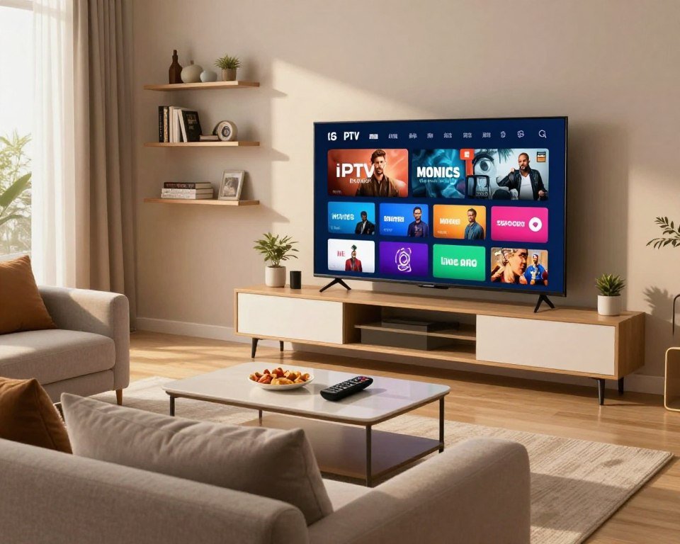 A modern living room setting showcasing a sleek TV displaying a vibrant IPTV interface. In the foreground, a comfortable couch with neatly arranged cushions invites viewers to relax. A stylish coffee table holds a remote control and some snacks. In the middle, a wall-mounted television shows colorful streaming options, highlighting categories like movies and live sports. Soft ambient lighting creates a warm, inviting atmosphere, with a gentle sunlight streaming through a nearby window. In the background, shelves are adorned with books and decorative items, adding a touch of homeliness. Overall, the image conveys a sense of reliability and comfort associated with IPTV services in France, emphasizing a stable and enjoyable viewing experience.
