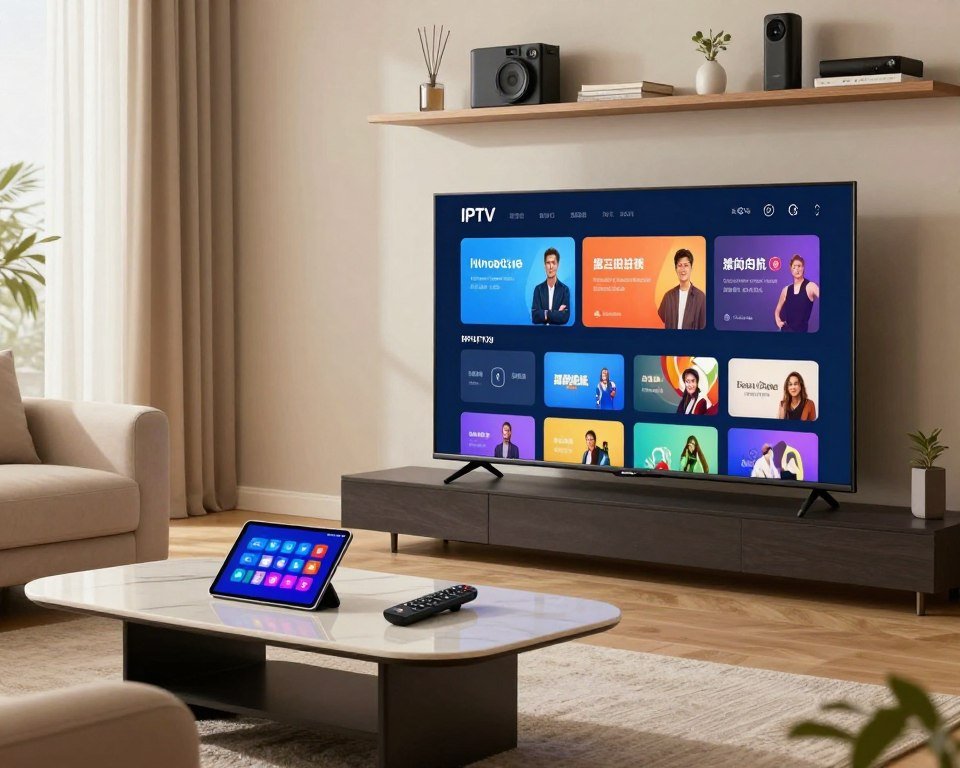 A modern living room setting showcasing innovative IPTV subscription features. In the foreground, a sleek, smart television displays a vibrant interface with various apps and streaming options, emphasizing interactivity. In the middle, a stylish coffee table holds a remote control and a tablet, while a comfortable couch invites relaxation. The background features a wall-mounted shelf filled with tech gadgets and decorative items. Soft, natural lighting filters through a window, creating a warm ambiance. The scene conveys a sense of high-tech convenience and modern lifestyle, inviting viewers to explore innovative entertainment solutions. Focus on clarity and detail to enhance the visualization of the IPTV experience.