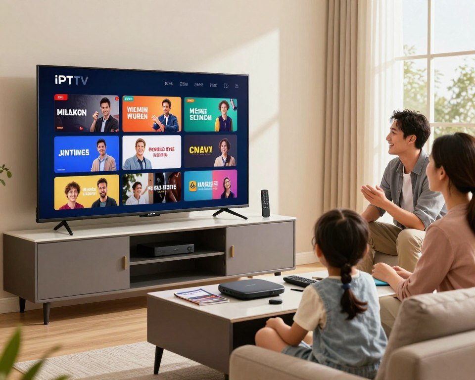 A modern living room setting showcasing the advantages of IPTV subscriptions. In the foreground, a sleek smart TV displays vibrant streaming content, with a cheerful family watching intently, dressed in casual but neat clothing. The middle of the scene features a stylish media console with a variety of IPTV devices, remote controls, and subscription brochures, symbolizing the diverse options available. The background reveals large windows letting in warm natural light, creating a cozy and inviting atmosphere. Soft lighting emphasizes the engaging interaction among the family members, enhancing a sense of connection and enjoyment. The overall mood is bright and optimistic, illustrating the benefits of IPTV subscriptions for entertainment and family bonding.