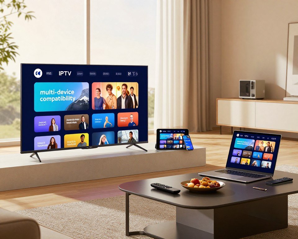 A modern living room setting showcasing the theme of "multi-device compatibility" for IPTV service. In the foreground, a sleek, smart TV displays a vibrant streaming interface, surrounded by various devices like a tablet, smartphone, and laptop, all actively showing different content. The middle ground features a stylish coffee table with remote controls and snacks, enhancing the cozy atmosphere. Large windows in the background allow warm, natural light to flood the room, creating a welcoming feel. The overall mood is inviting and tech-savvy, emphasizing connectivity and convenience. The scene is captured with a wide-angle lens to encompass the entire space, focusing on clarity and vivid color balance.