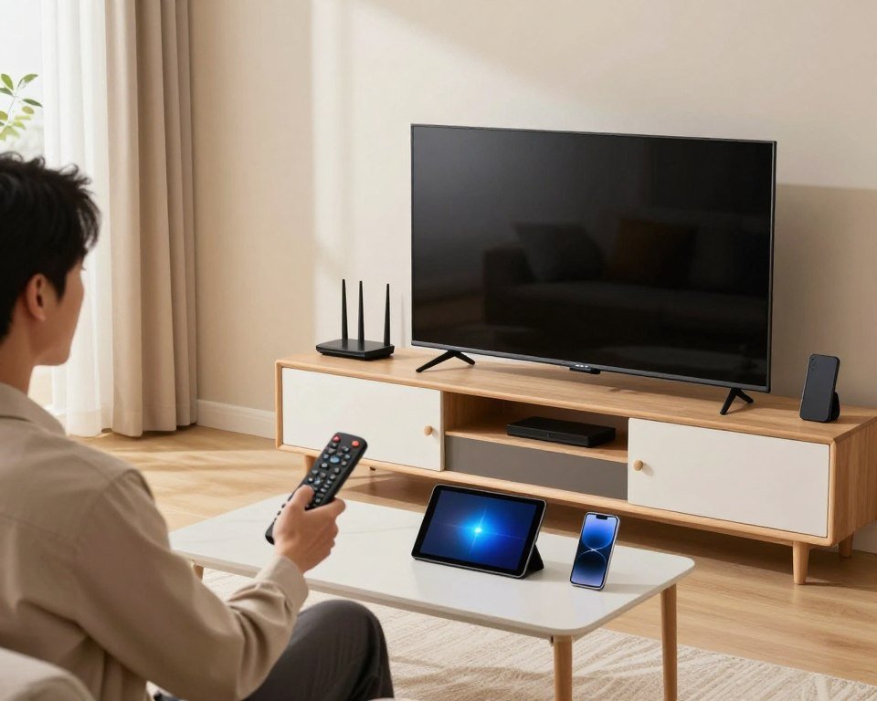 A modern living room setting showcasing various devices compatible with IPTV installation, including a sleek smart TV, a tablet, and a smartphone. The foreground features a tech-savvy individual in professional attire, intently setting up the devices with a remote control in hand. The middle layer displays a stylish entertainment unit with neatly arranged cables and a wireless router, emphasizing connectivity. The background includes a cozy, well-lit environment with soft, natural light filtering in through a window, creating a warm, inviting atmosphere. Use a wide-angle lens to capture the entire scene, highlighting the seamless integration of technology in everyday life, evoking a sense of ease and reliability in installation compatibility.