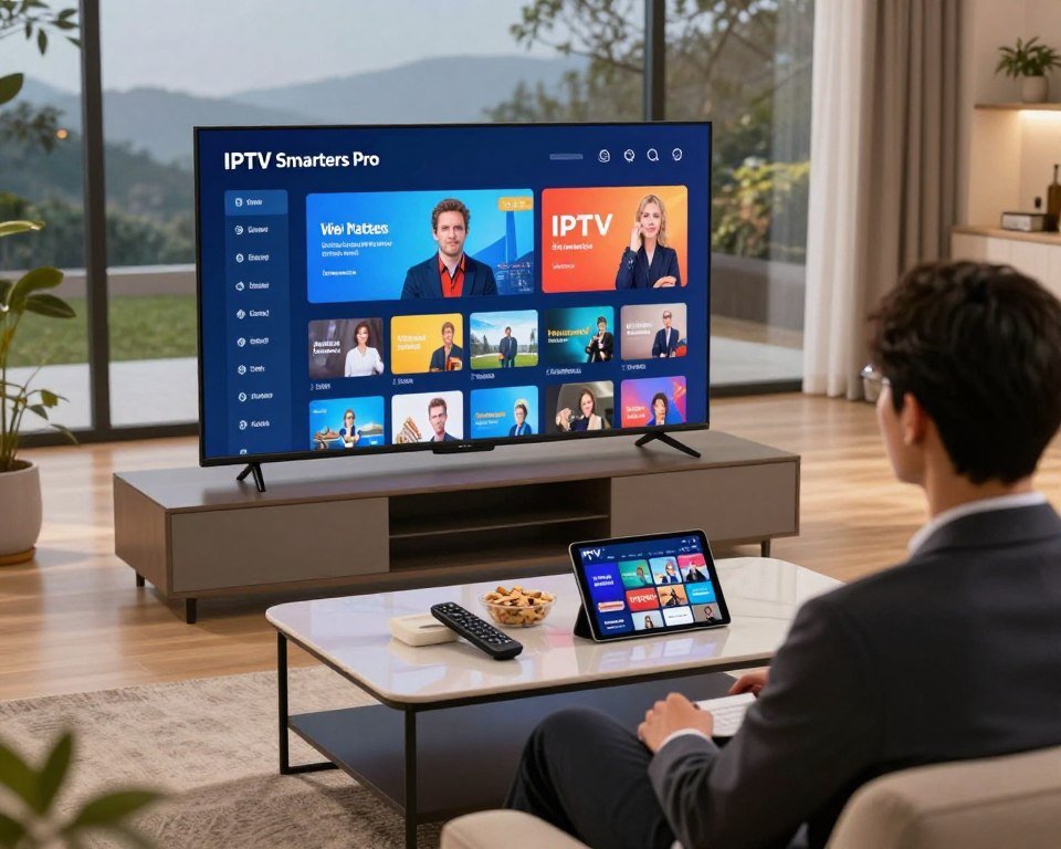 A modern living room setting vibrant with technology, featuring a sleek television displaying the IPTV Smarters Pro interface with dynamic visuals of streaming content. In the foreground, a professional-looking person in business attire is attentively watching the screen, reflecting engagement and satisfaction. The middle ground showcases a stylish coffee table with a remote control, snacks, and a tablet displaying various IPTV channels. Soft, warm lighting illuminates the room, creating a cozy atmosphere, while large windows reveal a serene outdoor view, hinting at a peaceful home environment. The angle captures a slightly elevated perspective, emphasizing the interaction between the viewer and the digital experience. Overall, the mood conveys high-performance streaming without interruptions, highlighting modern entertainment.