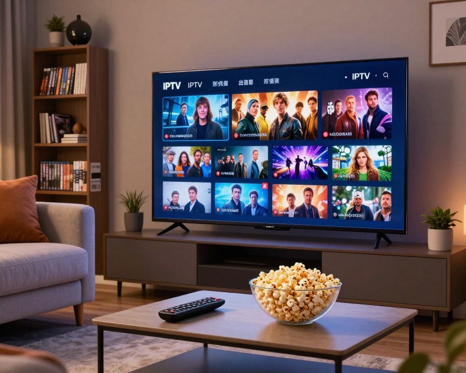 A modern living room setting with a large, ultra-high-definition flat-screen TV displaying an enticing menu of films, series, and sports events available via IPTV. In the foreground, a stylish coffee table is adorned with a bowl of popcorn and a remote control, ready for an exciting movie night. The middle ground features a comfortable sofa with plush cushions, inviting viewers to relax and enjoy unlimited access to entertainment. The background showcases a shelf filled with DVD cases, books, and decorative items, creating a cozy atmosphere. Soft, warm lighting illuminates the room, enhancing the inviting ambiance. The scene conveys a sense of comfort, excitement, and endless entertainment options, perfect for any viewer.