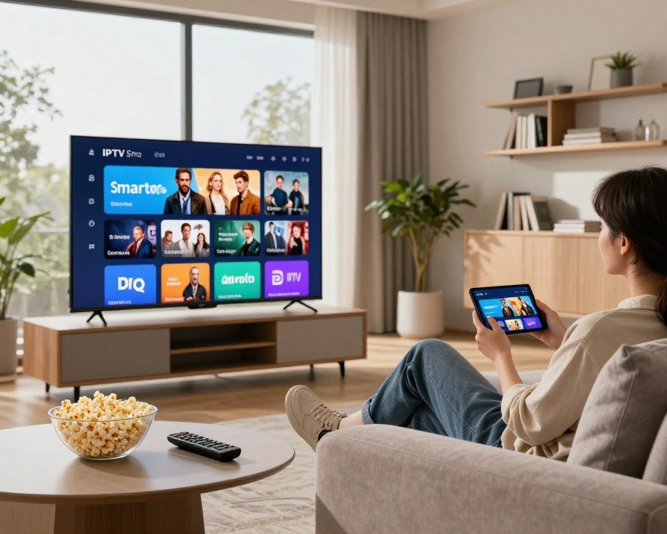 A modern living room setting with a sleek, large-screen TV displaying vibrant streaming icons for films and series. In the foreground, a stylish coffee table holds a remote control and a bowl of popcorn. Soft natural light filters through large windows, creating a cozy atmosphere. In the middle ground, a person in smart casual attire sits comfortably on a plush sofa, engrossed in the screen, showcasing the user-friendly interface of IPTV Smarters Pro on their Android device. The background features minimalist decor with neutral colors, plants, and bookshelves, enhancing the inviting and relaxed mood. The overall composition should evoke a sense of comfort, entertainment, and the advantages of streaming content efficiently.