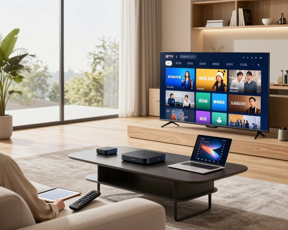 A modern living room setting with a sleek smart TV displaying an IPTV streaming interface, showcasing various channels. In the foreground, there's a cozy sofa with a remote control and a tablet, symbolizing user engagement. In the middle ground, a large window allows natural light to flood the room, enhancing a bright and inviting atmosphere. On a stylish coffee table, there are streaming devices like a digital box and a laptop, emphasizing compatibility. The background features shelves with books and decor that add a touch of sophistication. The whole scene is well-lit, capturing a warm and contemporary mood, and shot from a slight angle to provide depth and perspective. No people or text depicted in the image.