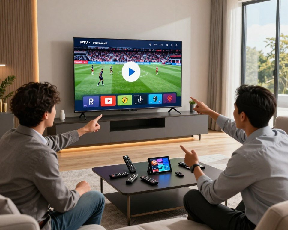 A modern living room setup, featuring a sleek flat-screen TV showcasing a vibrant sports streaming interface, with a play button highlighted to suggest optimization. In the foreground, a diverse group of three individuals, dressed in professional attire, are excitedly discussing sport strategies while pointing at the screen. The middle layer includes a stylish coffee table cluttered with remote controls and portable devices displaying different sports apps. In the background, soft ambient lighting creates a warm, inviting atmosphere, with a large window letting in natural light and a view of a sunny outdoor landscape. The overall mood is energetic and engaging, showcasing a perfect environment for sports enthusiasts to optimize their IPTV experience.