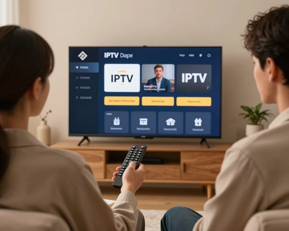 A modern living room setup featuring a sleek television displaying an IPTV activation interface. In the foreground, a professional-looking person, wearing smart casual attire, is holding a remote control, looking focused and engaged with the screen. In the middle, the television screen shows clear menu options for activating IPTV services, highlighting features and steps in a user-friendly design. The background includes soft lighting with warm tones, comfortable furniture, and a subtle decorative plant, creating a cozy atmosphere. The scene conveys a sense of ease and efficiency in the activation process, with a perspective that draws the viewer's eye towards the screen while maintaining a balanced composition.