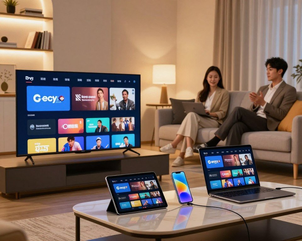 A modern living room setup showcasing multi-device streaming compatibility. In the foreground, a sleek, high-definition smart TV displays diverse streaming platforms. On a stylish coffee table, a tablet, smartphone, and laptop are each connected, demonstrating seamless content sharing. The middle ground features a cozy sofa with individuals in professional business attire engaged in viewing content, expressing interest and connection. The background includes soft, ambient lighting accents and shelves with books and modern decor, creating an inviting atmosphere. A warm color palette enhances the inviting mood, while a slight depth of field focuses on the devices and their interactions, suggesting a lively, tech-savvy home environment.