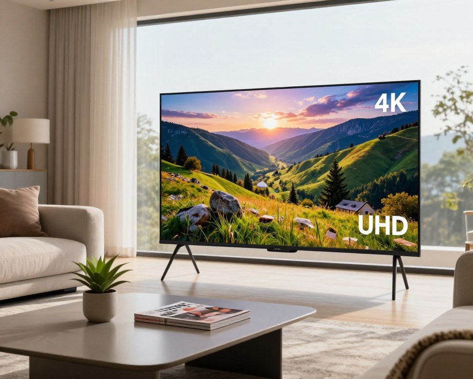 A modern living room setup with a large, vibrant 4K UHD television displaying a stunning landscape scene. In the foreground, a sleek, minimalist coffee table adorned with a few stylish magazines and a potted plant, enhancing the contemporary feel. The middle ground features a plush couch with soft cushions, inviting relaxation, while a stylish rug anchors the space. The background includes a large window allowing natural light to flood in, illuminating the scene and creating a warm, inviting atmosphere. Subtle reflections of the TV's image on adjacent surfaces emphasize the high-quality visual experience. The overall mood is cozy yet sophisticated, showcasing the impressive clarity and stability of high-definition streaming.