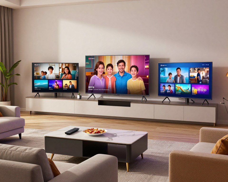 A modern living room showcasing a multi-screen IPTV setup. In the foreground, a sleek, stylish coffee table holds a remote control and snacks, with two comfortable sofas angled toward the screens. In the middle, three high-definition displays are mounted on the wall, each streaming different IPTV content, portraying a family enjoying diverse programming. In the background, soft white walls and contemporary decor give a warm, inviting feel. The lighting is soft and ambient, highlighting the screens' vibrant colors while casting gentle shadows. Capture an atmosphere of cozy family entertainment, emphasizing modern technology and connectivity, with a focus on how multi-screen IPTV enhances viewing experiences.