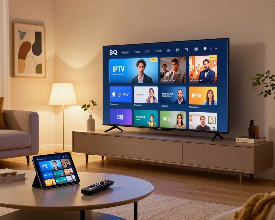 A modern living room showcasing a sleek flat-screen smart TV displaying a vibrant user interface for digital television applications. In the foreground, a stylized coffee table is adorned with a remote control and a tablet highlighting IPTV service features. In the middle, a stylish sofa is positioned opposite the TV, with a cozy ambiance created by soft warm lighting from a nearby lamp. The background features a wall with framed abstract art and decorative plants, enhancing the modern aesthetic. The composition is shot from a slightly elevated angle to capture the TV screen’s clarity and functionality. Aim for a warm, inviting atmosphere reflecting advanced technology and seamless multi-platform compatibility, emphasizing innovation in home entertainment.