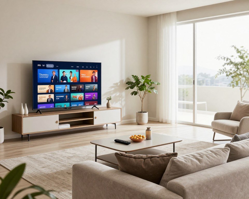 A modern living room showcasing the advantages of IPTV for contemporary television. In the foreground, a sleek, flat-screen TV displays vibrant streaming content, surrounded by a stylish entertainment unit with a few decorative elements like a plant and books. In the middle, a comfortable sofa with plush cushions invites viewers to relax, with a coffee table holding a remote control and snacks, hinting at a casual viewing experience. The background features large windows with natural light flooding in, creating a bright and airy atmosphere. The space is well-designed with neutral colors and modern decor, evoking a sense of comfort and sophistication. Soft, diffused lighting enhances the inviting mood, making it perfect for a cozy family movie night.