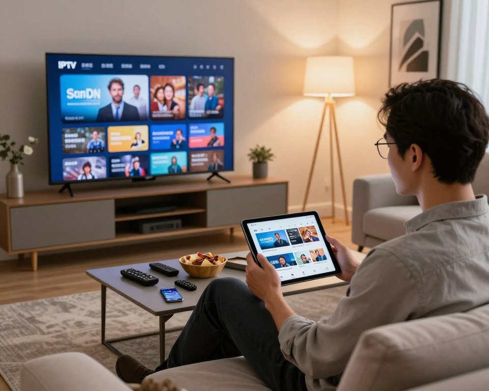 A modern living room styled for comfort and technology, featuring a sleek TV displaying high-definition IPTV streaming content. In the foreground, a professional person in smart casual attire is sitting on a plush sofa, focused on both a tablet and the screen, capturing the essence of modern streaming. In the middle ground, a stylish coffee table is cluttered with remote controls, snacks, and a smartphone showing a streaming app interface. The background includes soft ambient lighting from a floor lamp and modern artwork on the walls, creating a cozy yet tech-savvy atmosphere. The image should convey a sense of high-quality performance and user engagement with IPTV services. Use natural lighting to enhance the warm ambiance, capturing the essence of a perfect streaming experience.