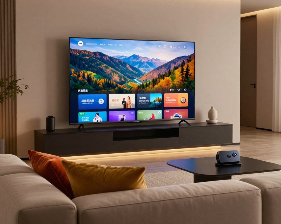 A modern living room with a large flat-screen TV showcasing high-definition streaming content. In the foreground, a comfortable sofa with sleek lines is adorned with vibrant throw pillows. To the side, a small coffee table holds a smart device, hinting at IPTV Smarters Pro usage. In the middle, the TV displays a scenic landscape, emphasizing rich colors and clear details, evoking a sense of immersive viewing experience. The background features soft, ambient lighting creating a relaxed atmosphere, with minimalistic decor enhancing a contemporary feel. The scene is captured with a slight angle, simulating a cozy viewing perspective, inviting the viewer into a world of seamless streaming.
