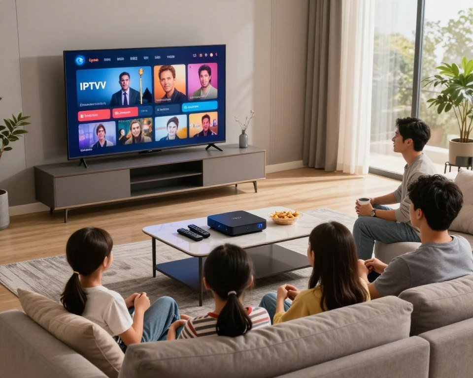 A modern living room with a sleek television displaying high-definition IPTV content, emphasizing clarity and vibrant color. In the foreground, a family gathered comfortably on a stylish couch, all dressed in smart casual clothing, enjoying a movie night. In the middle ground, a well-designed coffee table with IPTV streaming devices, remote controls, and snacks is present, showcasing an inviting atmosphere. The background features large windows with soft, natural lighting streaming in, creating a warm and cozy ambiance. The scene conveys a sense of connectivity and enjoyment, illustrating a seamless streaming experience with glowing technology. The composition is shot from a slightly elevated angle, enhancing the cozy environment and focus on the family interaction.