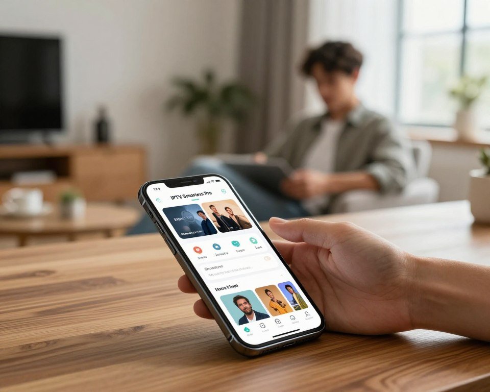A modern mobile device displaying the "IPTV Smarters Pro" personalization application interface. The foreground features a close-up of a smartphone on a sleek wooden desk, showing the app's user-friendly layout with customizable options, themes, and channels, symbolizing personalization in user experience. In the middle, an engaged user casually dressed in smart casual clothing interacts with the device, their focused expression reflecting satisfaction. The background is softly blurred, depicting a stylish, contemporary living room with a warm ambiance and natural light streaming through a window, creating a relaxing atmosphere. The overall mood is inviting and tech-savvy, showcasing seamless integration of technology and personal choice in media consumption.